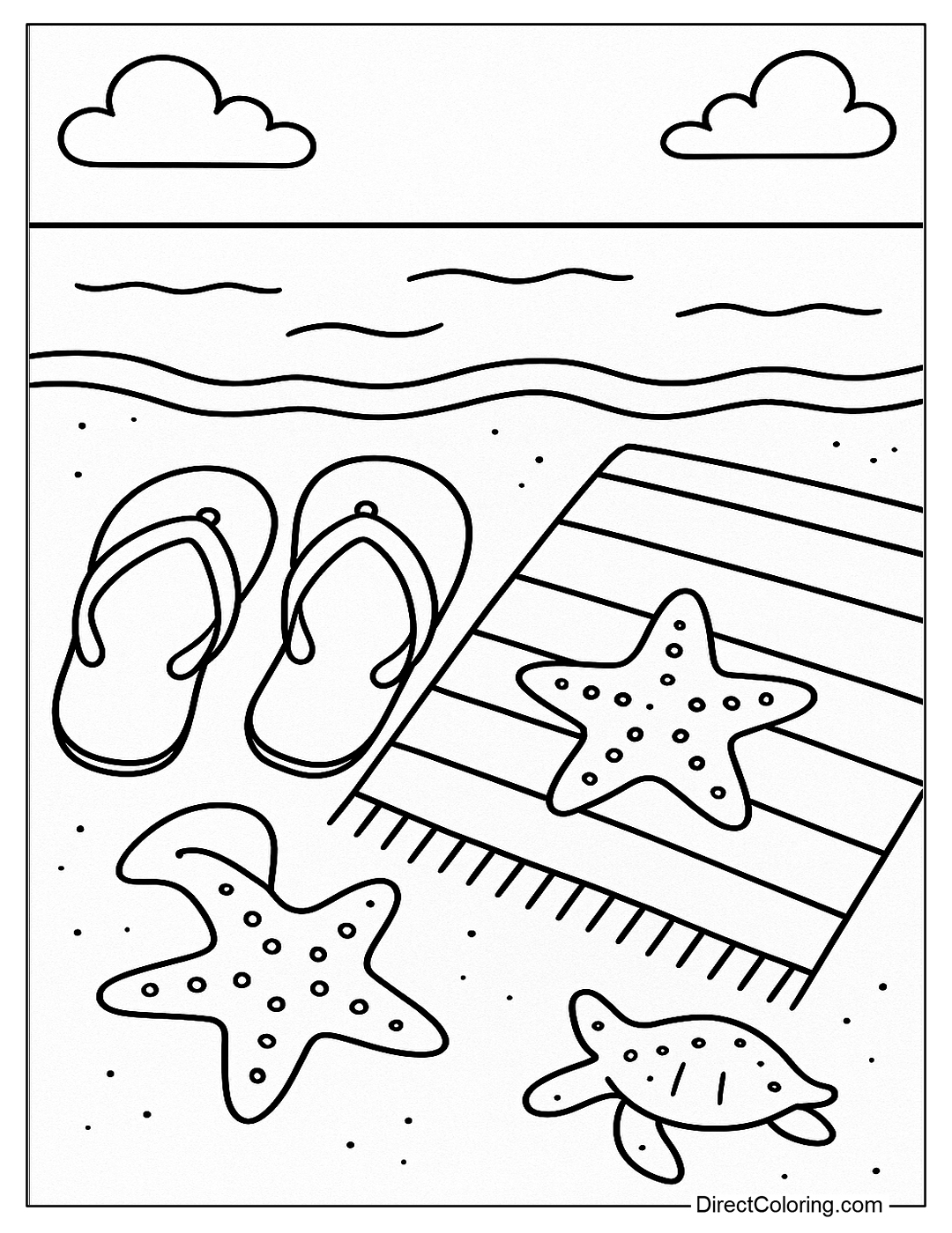 a beach coloring page with a starfish lying next to a pair of flip flops and a towel on the sand.